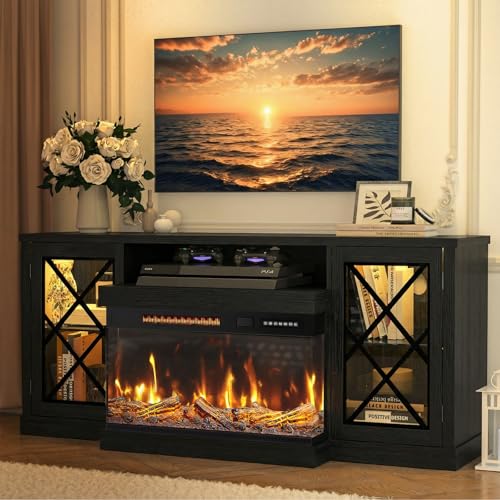 Image of BREEZEHEAT Fireplace TV Stand for TVs up to 70 inch, 3-Sided Electric Entertainment Center with 24 inch LED Fireplace, Media Console w /Storage Cabinet & Glass Doors, 59Inch, Black
