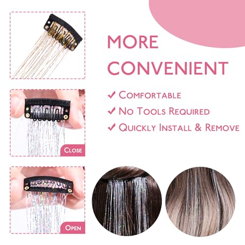 Image of WENNALIFE Hair Tinsel Clip In for Girls Champagne, 6pcs 24 inch Hair Tinsel Clips Tinsel Hair Extensions Clip in Colorful Glitter Tinsel Hair Clips Sparkle Fairy Hair Accessories for Kids