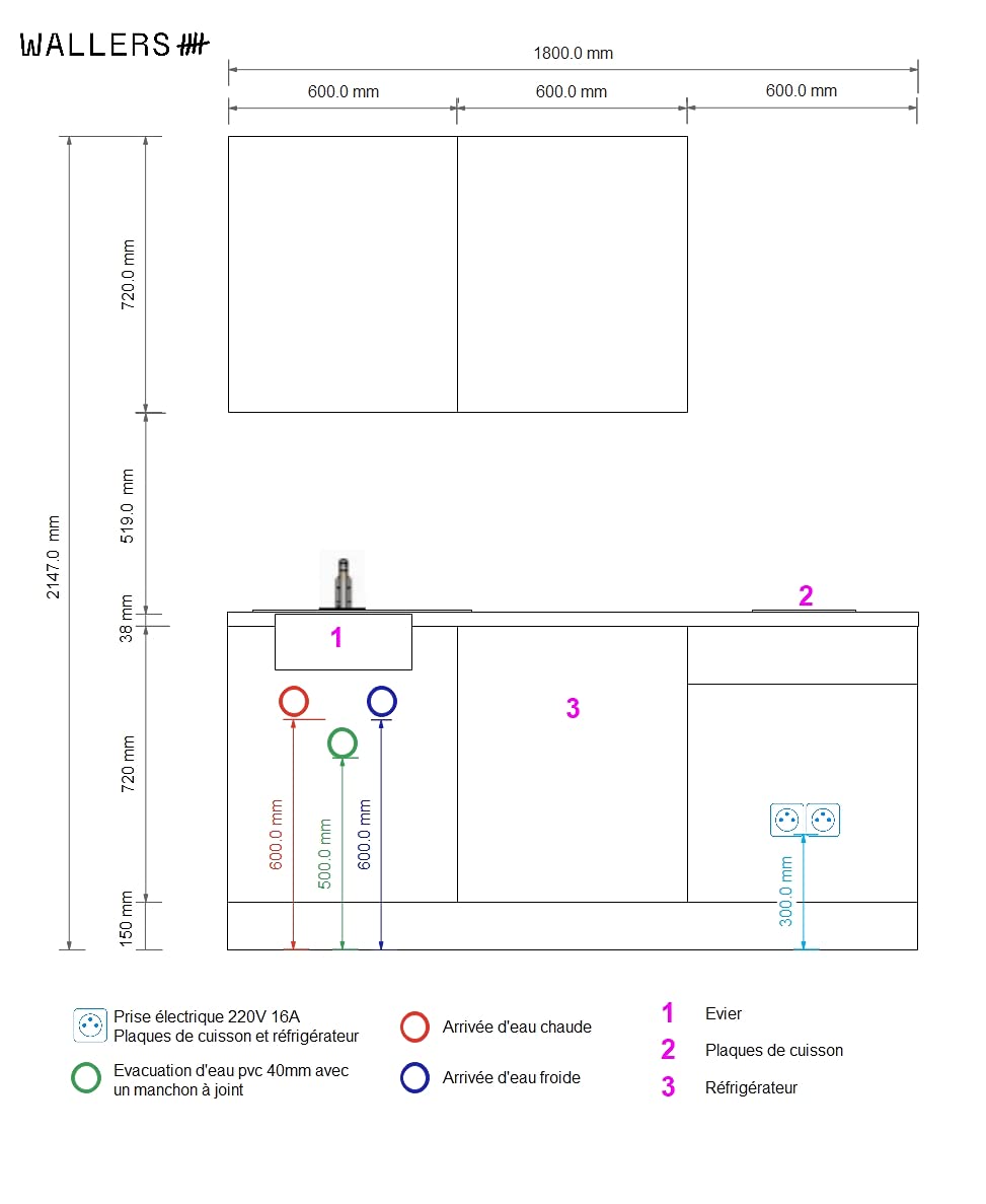 WALLERS cuisine complète 180 cm : Meubles 19mm + Plan de travail 3,8cm + Frigo intégré table top + Plaque de cuisson 2 foyers + Mitigeur (180 cm évier à gauche, Plan de travail couleur chêne)