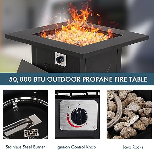 Image of Propane Fire Pit Table, Outdoor Gas Fire Pits Clearance, 28 Inch 50,000 BTU with Tabletop, Lid, Lava Rocks for Outside Patio, Garden, Deck, Yard