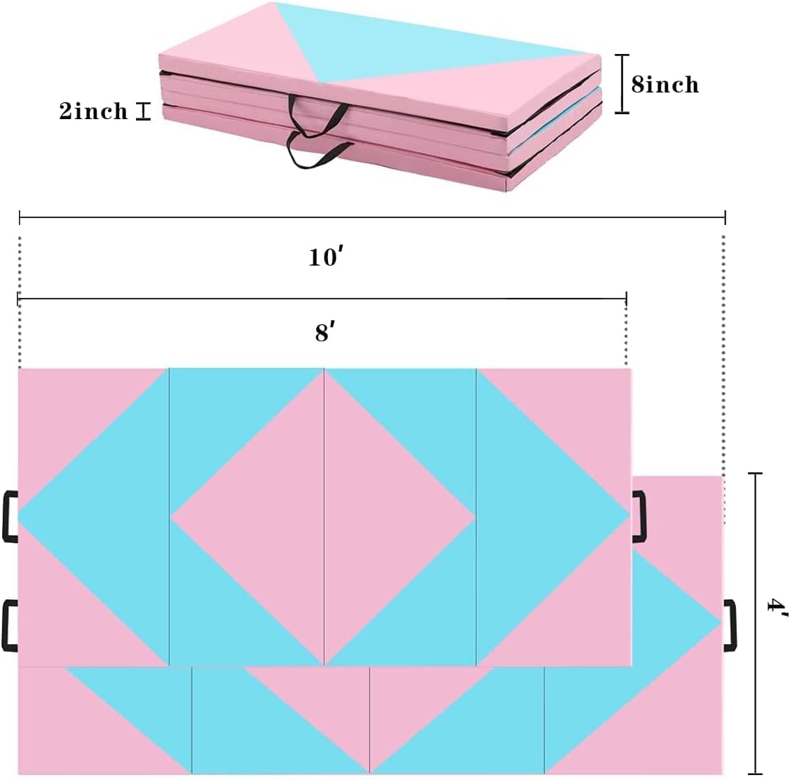 Folding Gymnastics Mat, Multi-Size 6' /8' /10' Length Exercise Mat with Hook & Loop Fastener or Folding Gym Mat Tumbling Mat Yoga Mat - Exercise Aerobics Mats Stretching Fitness for Outdoor & Home Gym Fitness