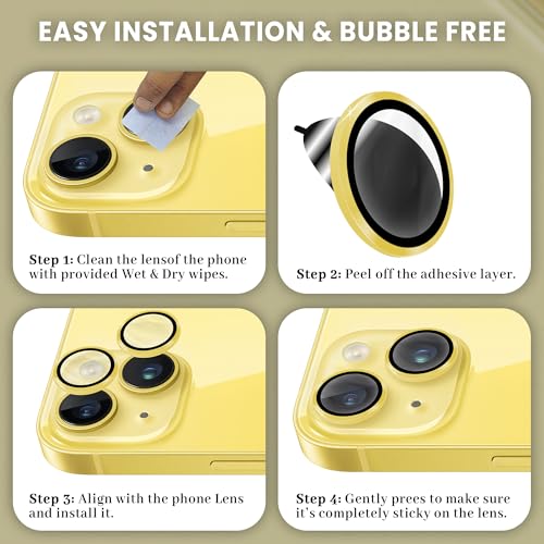 Image of ArmourPro Camera Lens Protectors for iPhone 14 Plus and iPhone 14 Tough HD Individual Aluminum Alloy Lens Ring Cover, Scratch Resistant, Thin Tempered Glass| Yellow, 1 Pack