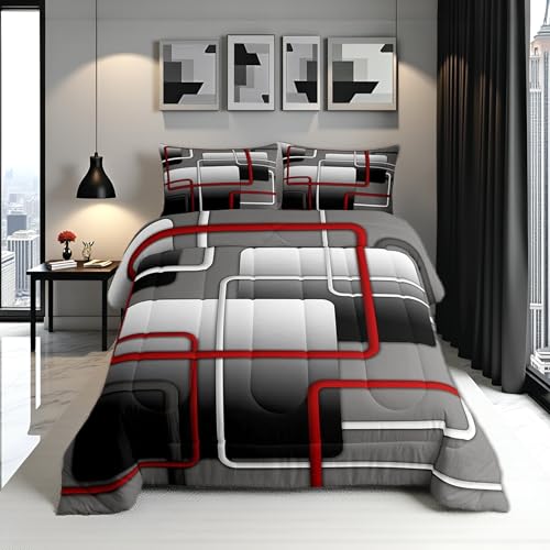Castle Fairy Red Black White Comforter Set Queen Size,Geometric Abstract