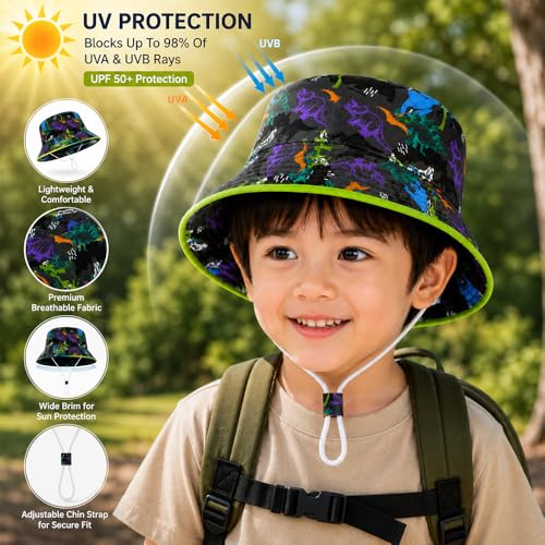 Image of VRITRAZ Unisex Kids Printed Bucket Hat | UV Protection Sun Hat with Adjustable Chin Strap & Summer Beach Travel Outdoor Cap for Toddlers & Children (4-12 Years)
