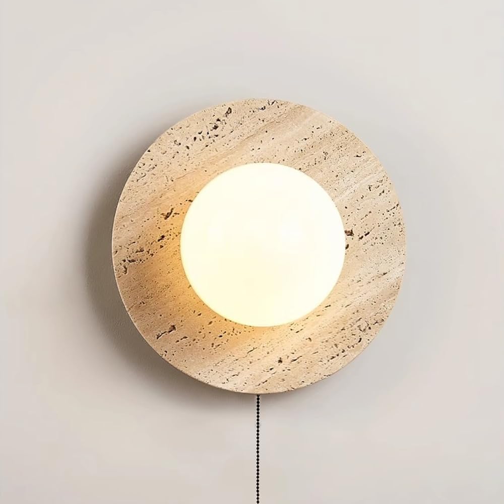 SXECAEPS Globe Glass Wall Light Round Stone Sconce with Pull Cord Hardwired Lamp, Art Deco Sconces Lighting Fixture G9 Night Lamps for Living Room Bedroom Bedside