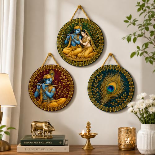 Image of DAKSHESTRY ARTWORKS Set of 3 Krishna Wall Hanging Decor | Radha Krishna & Peacock Feather Round MDF Wall Art | Hindu Spiritual Home Decoration for Living Room, Bedroom, Temple, Office (8X8 INCHES EACH)