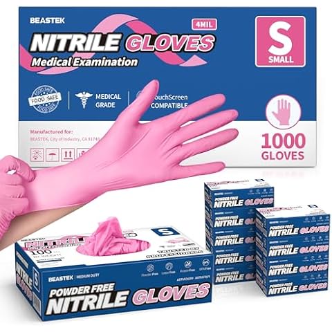 Beastek Nitrile Disposable Gloves, 4 mil Pink Powder-Free Latex-Free Medical Food Grade Cleaning Esthetician Glove, 1000 Pcs (Small) Cover