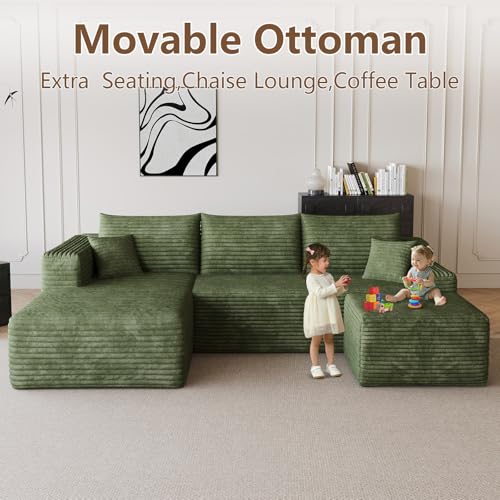 Image of 95 inch Modular Sectional Sofa with Ottoman, Modern Corduroy Cloud Couch with Deep Seat, Boneless Couch Upholstered 3-Seater U-Shaped Sofa for Living Room, No Assembly (Green,Left-Facing Chaise)