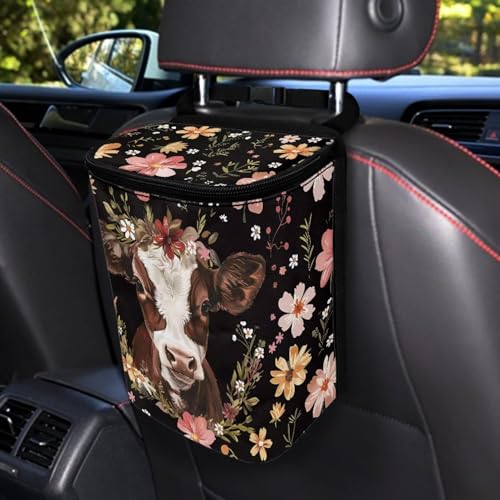 Image of Talayituse Cow Flower Print Car Trash Can, Portable Auto Garbage Bin Multifunctional Vehicle Interior Accessories with Adjustable Straps Universal Fit Truck SUV Sedan