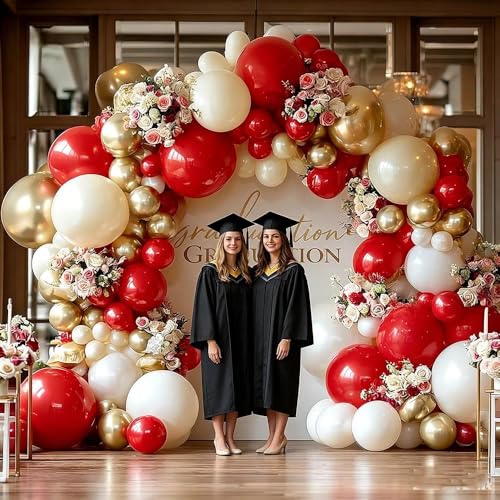 Image of Red White Gold Balloon Garland Double Stuffed Burgundy Red White Sand Pearl Balloon Arch Kit Maroon Wine Balloons for Birthday Bridal Shower Wedding Anniversary Graduation Party Decorations