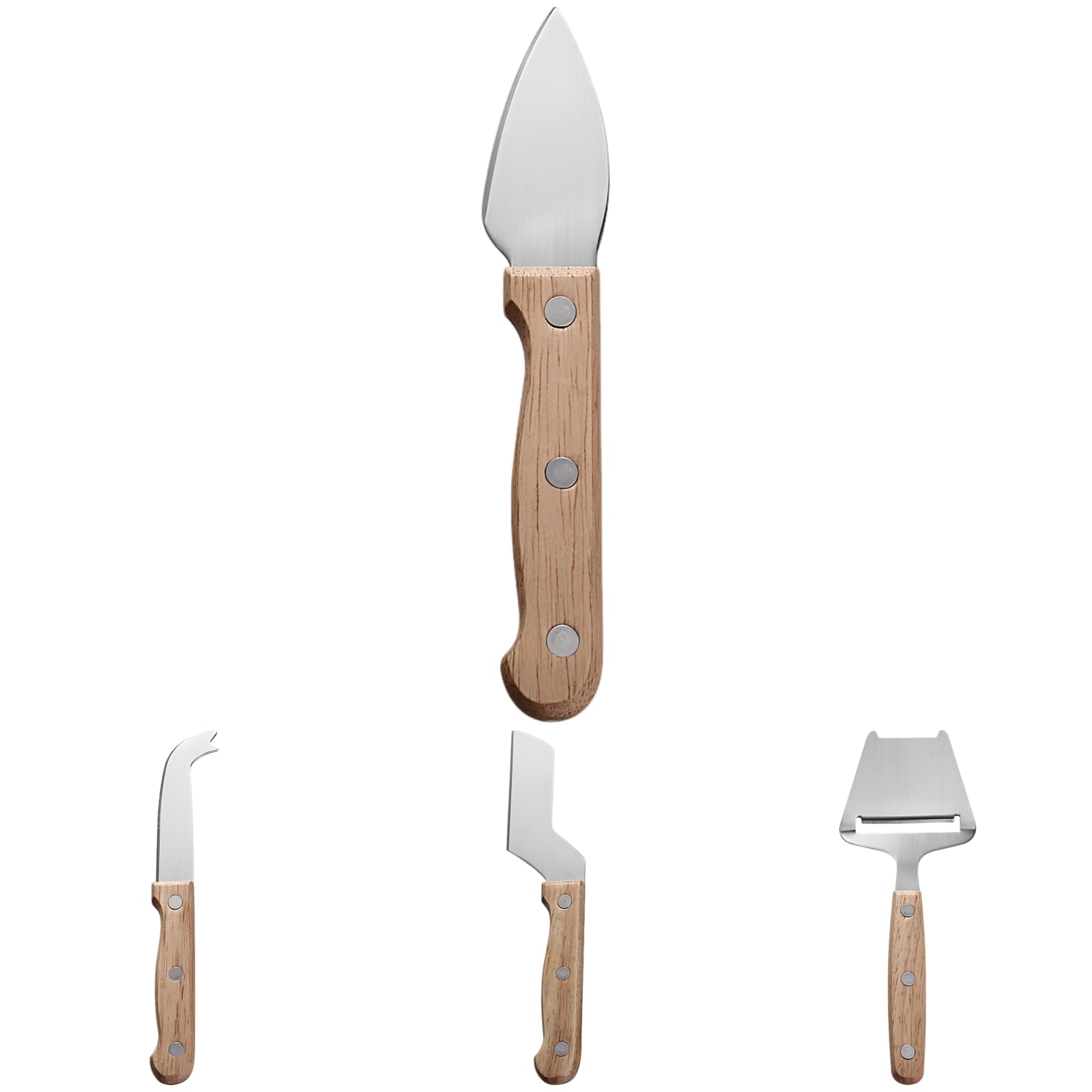 Set de 4 couteaux à fromage en acier inoxydable, manches en bois d’hévéa, avec trancheur et fourchette, accessoires pour plateau de charcuterie, pour fromages mous et durs, beurre, coffret cadeau