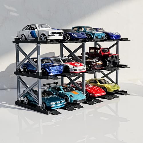 Image of 1:64 Diecast Car Display Enclousure- Multi-Tier Collectible Diecast Cars Storage for Hot Wheels, Mini GT & Matchbox | Matte Black & Silver (3 Tier - 12 Car Capacity)