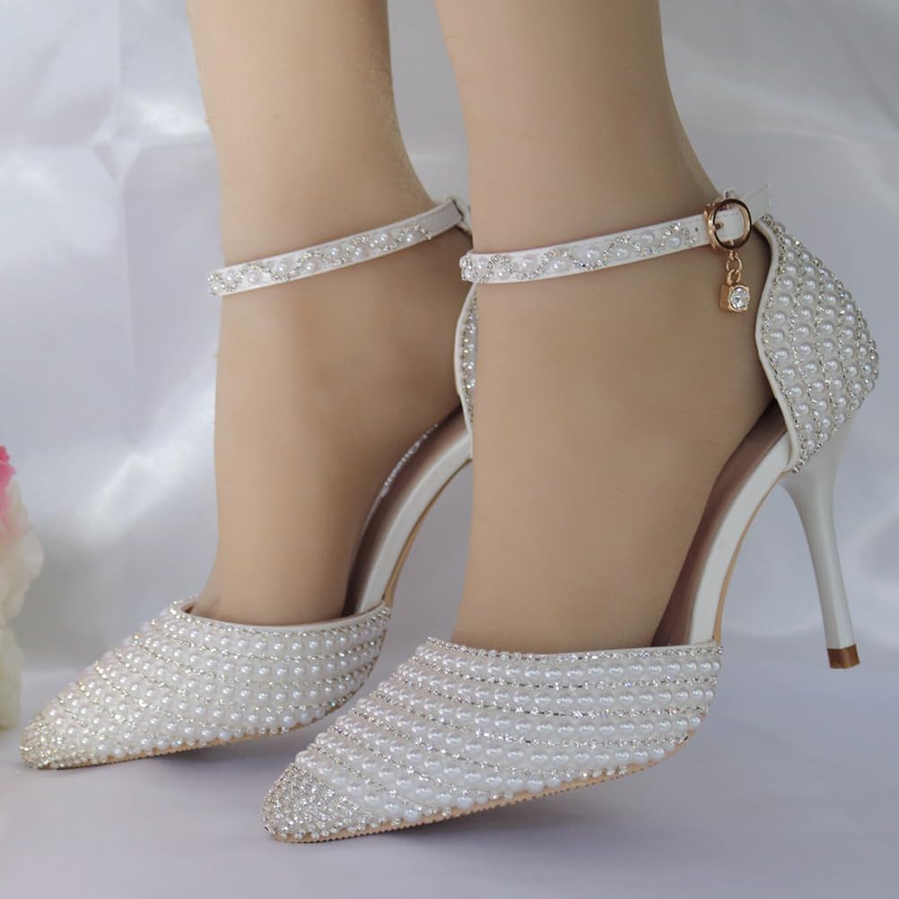 Tacchi Alti a Punta da Donna Décolleté Cinturino alla Caviglia Strass Tacchi in Raso Scarpe da Sposa per la Festa di fine Anno della Sposa