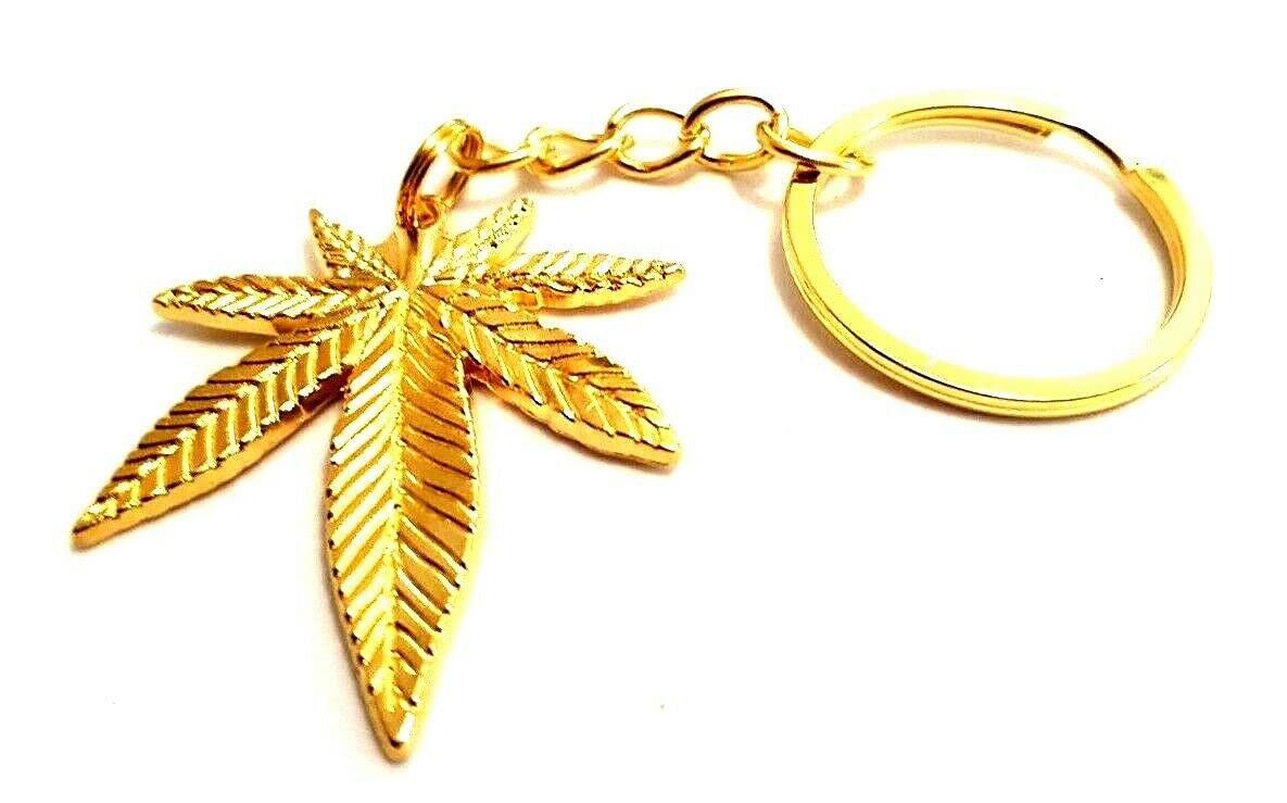 Gold Tone Cannabis Hemp Weed Marijuana Leaf Keychain Hippy Boho Bag Charm Ganja Pot Stoner Smoker Gift Peace Lover Key Ring