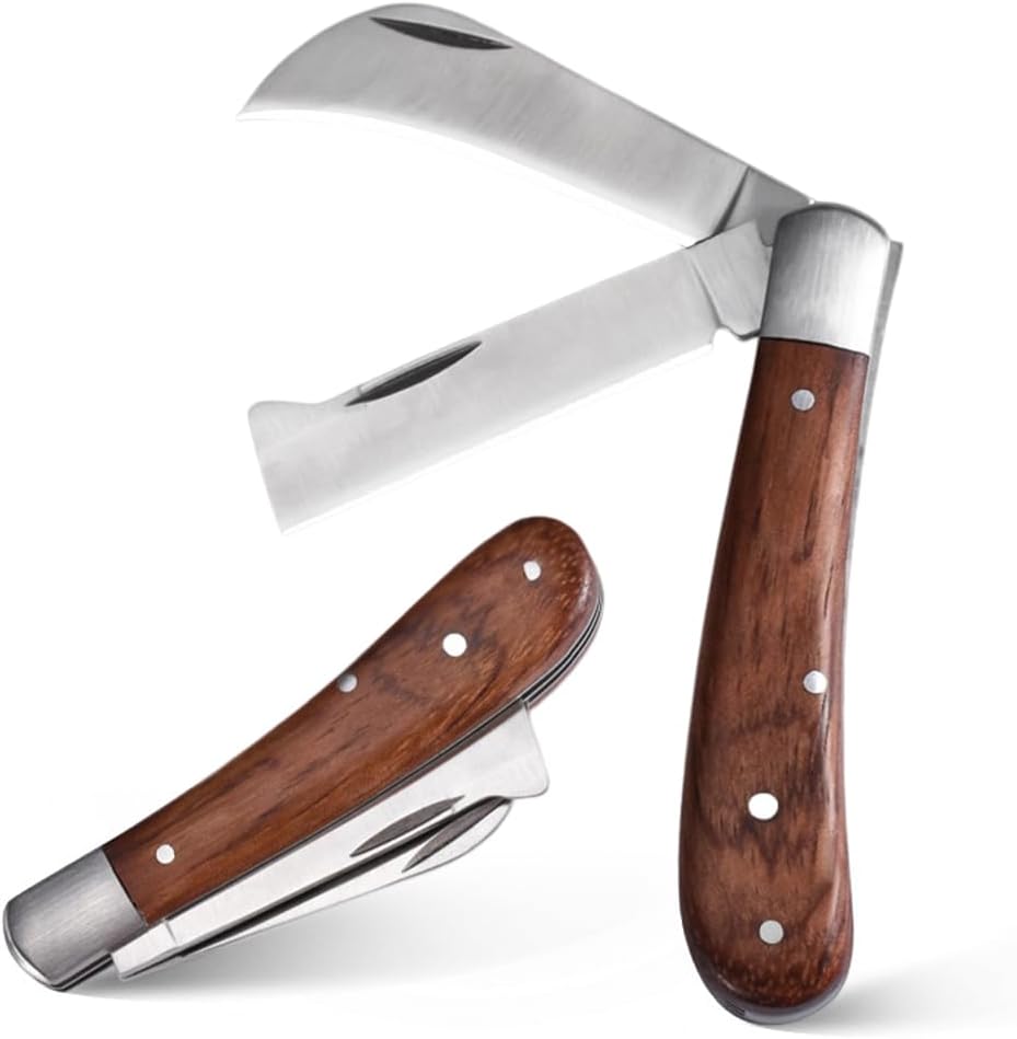 HASTHIP® Grafting Knife for Plants with Dual Blade, Stainless Steel Grafting Tool for Organic Fruits Tree, Foldable Bud Shoot Tool Pruning Cutter with Wooden Handle