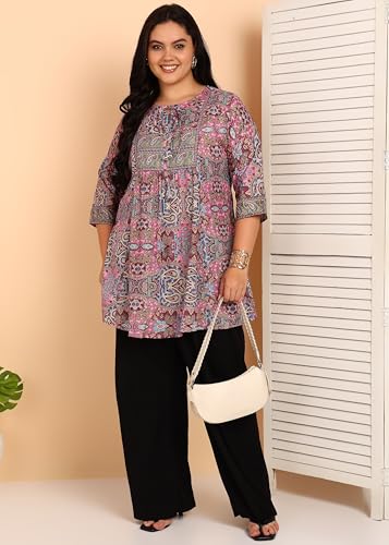 Image of Yash Gallery Women's Polyester Relaxed Fit Short Floral Placet 3 /4 Sleeve and Keyhole Neck Printed Kurti