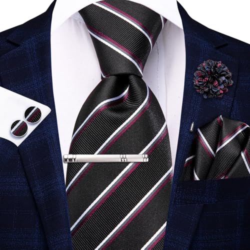 Image of Hi-Tie Formal Striped Black Red White Neckties for Men Classic Woven Tie and Pocket Square Lapel Pin Silver Tie Clip Cufflinks Set Wedding Business 6PCS