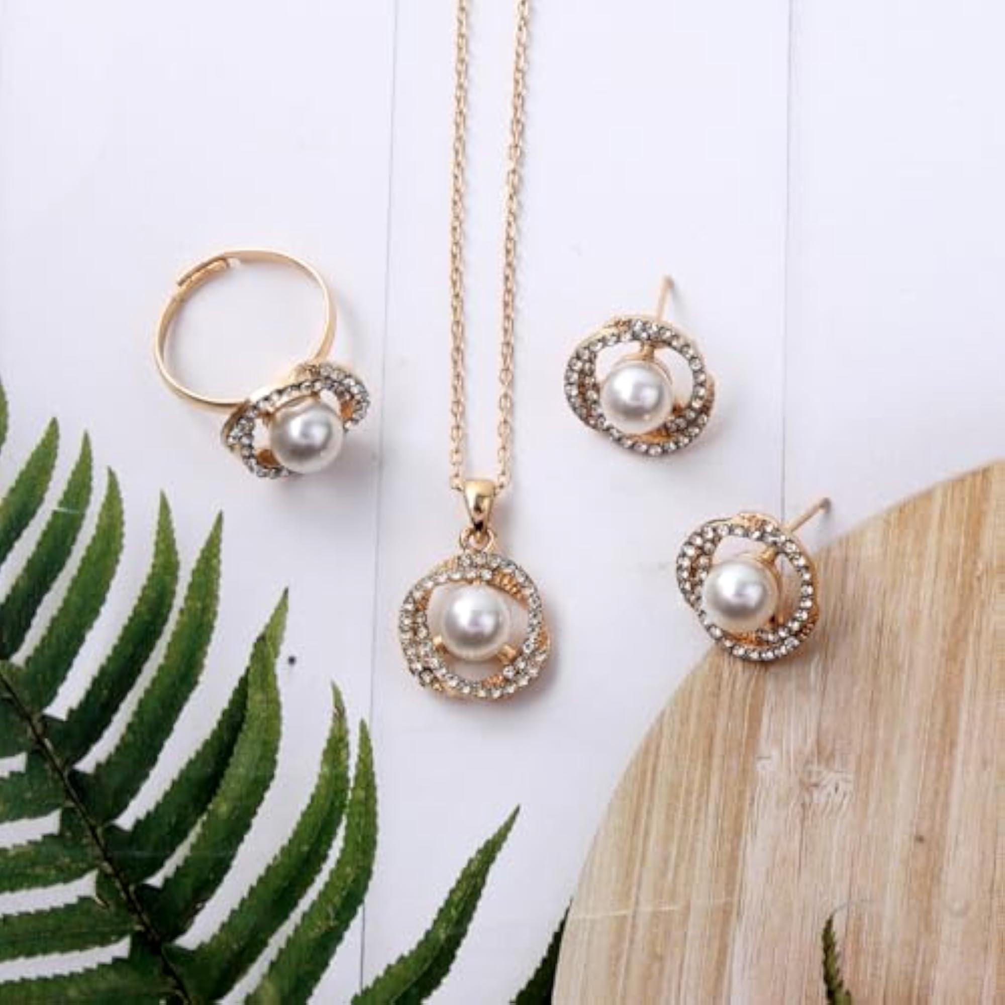 Women's Stylish Golden Finish Pearl Stud Earrings, Ring & Chain Pendant Set