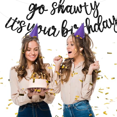 Image of BEISHIDA Go Shawty It's Your Birthday Banner NO DIY Hip Hop Theme Happy Birthday Banner Pre-Strung Rap Theme Happy Birthday Sign for Man Women birthday Party Supply Glitter Black