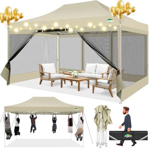 COBIZI Pavillon 3x4.5m Faltpavillon 3x4.5m Wasserdicht Stabil, Pop up Pavillon Faltbar, Partyzelt Gartenpavillon, Pavillion Klappbar UV-Schutz mit 4 Seitenwänden aus Mesh, Khaki