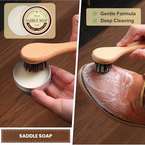 10Pcs Leather Care Kit- 3Pcs Horsehair Brushes, 1.76oz Saddle Soap, 1.76oz Mink Oil, 1.76oz Wax Waterproofer, Polish Cloths, Leather Cleaner and Conditioner for Shoes, Boots, Bags, Purses, Car Seats — view 3