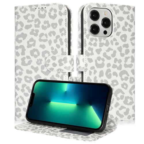 Image of for iPhone 13 Pro Max Case Wallet with Card Holder,for iPhone 12 Pro Max Wallet Case for Women Men,PU Leather Shockproof Magnetic Buckle Stand Flip Phone Case-White Leopard