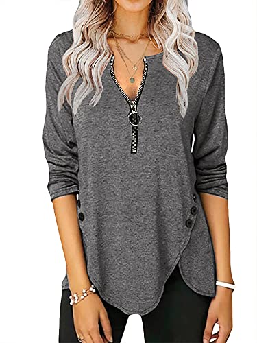 Fisoew Womens Casual Long Sleeve Tunic Tops Round Neck Shirt Button Side Basic Tees Wearring with Leggings 2024