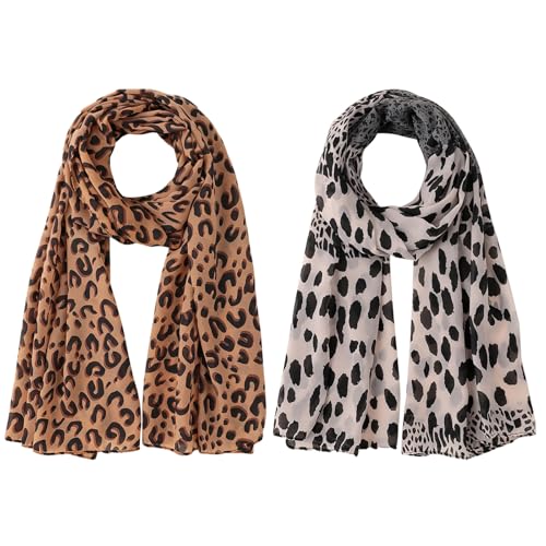 DKDDSSS 2 Stück Damen Schal mit Leopard Muster, Leoparden Schal, Damen Schal, Sommer und Helbst Leo Schals für Frauen