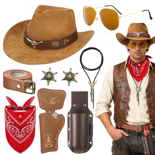 Kyndara 9Pcs Western Cowboy Accessory Set for Men Wild Cowboy Outfit Kit with Hat Necklace Sunglasses Badges Belt Bandana Beer Holster for Adult Carnivals Cosplay Parties