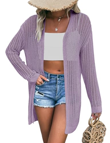 Image of Womens 2025 Summer Lightweight Cardigan Long Sleeve Open Front Loose Beach Crochet Cover Up
