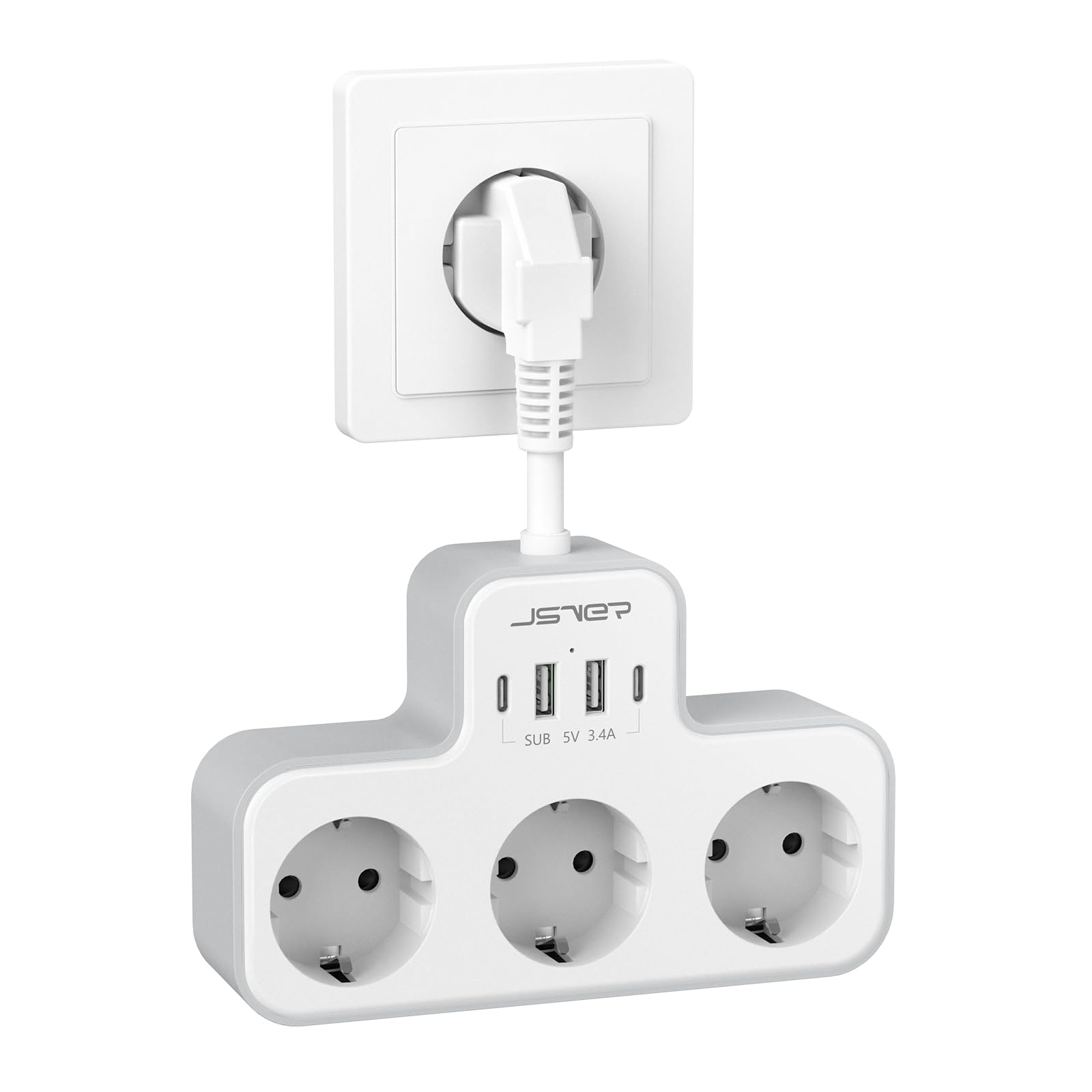 JSVER Regleta Enchufe de 3 Tomas Con 4 Puertos USB para Hogar y Oficina - Alta Capacidad de 3680W con 16A - Blanco  
JSV