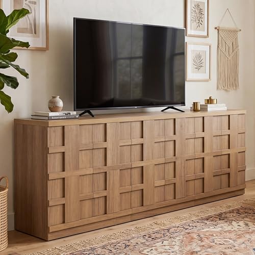 VividVibe Buffet Cabinet Sideboard with Storage 93.9Large 3D Woven Texture Credenza with 6 Pop-up Doors Long Coffee Bar Cabinet Mid Century Modern for Entryway Living Room Brown Oak