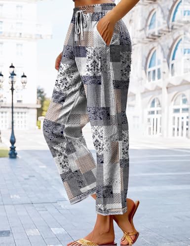 YESNO Casual Pants for Women Summer Floral Boho Lightweight Drawstring Elastic High Waist Pants with Pockets PHT2