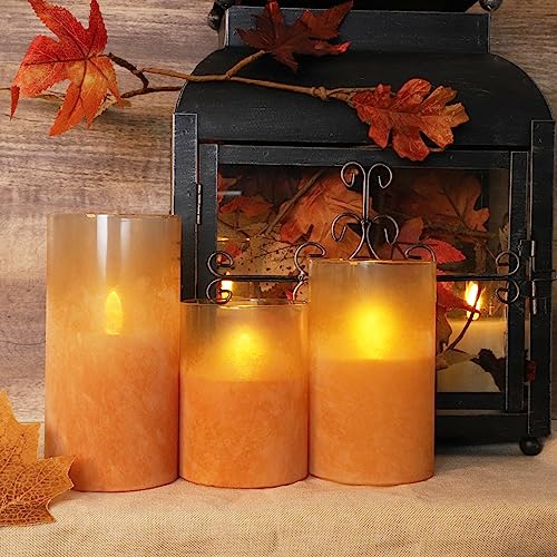 Image of Flameless Candles, Sandblasted Glass LED Candles, Battery Operated Flickering Candles with Remote & Timer, Real Wax Pillar Candles for Holiday Home Decorations