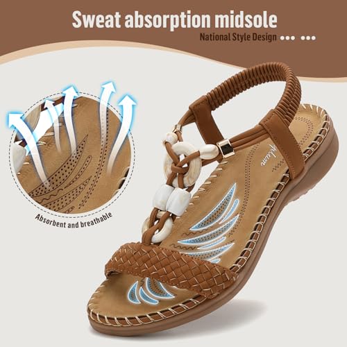 Image of Littleplum Women Sandals Arch Support Handmade Bohemian Braided Flat Sandals Comfort Walking Beach Ankle Elastic Summer Shoes