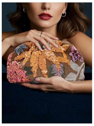 Image of QWINEE Women Floral Embroidery Sequin Pearl Glitter Party Purse Vintage Evening Handbags