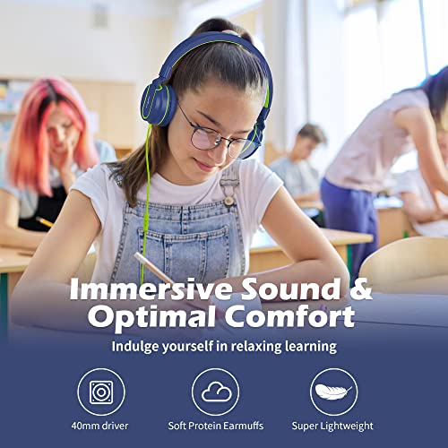 Image of AILIHEN I35 Kids Headphones for School with Mic, 93dB Safe Volume, Green | Wired On Ear Headphones for Girls Boys, 3.5mm Foldable Lightweight for Classroom Chromebook, Laptop, Computer, Tablet