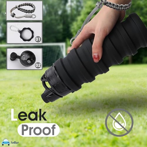 Image of FunBlast Silicone Sipper Bottle - 500 ML, Expandable Water Bottle for Home, Office, Gym, Trekking, BPA Free Food-Grade Collapsible Leak Proof Portable Travel Water Bottle (Black)