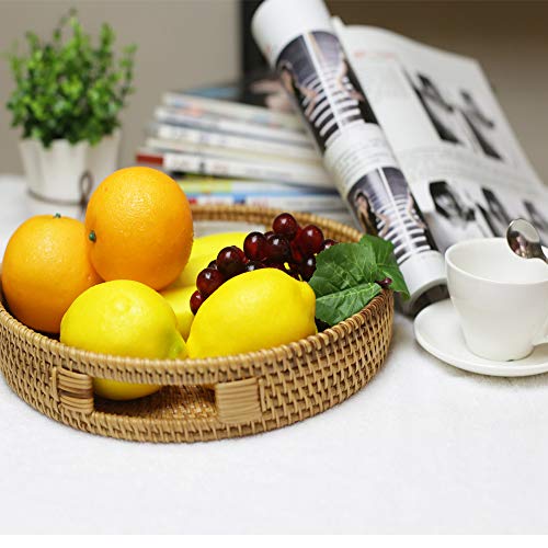 Rattan Basket Round Coffee Table Tray Hand Woven Serving Trays for Ottomans Decorative Trays for Coffee Table Gift Baskets Restaurant Bread Fruit Vegetables Food Serving Display Basket, 13.6" x 2.4" - Image 3