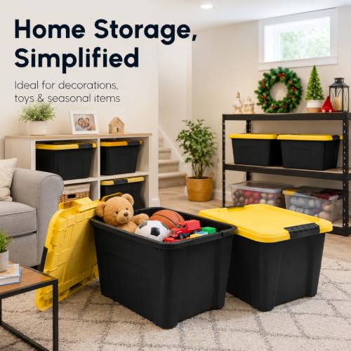 Image of Storage Bins 20 Qt Stackable with Lids 6 Pack for Garage Closet | Durable Plastic with Side Handles - Lightweight and easy to carry. Ideal for garage, basement, closet, and office.