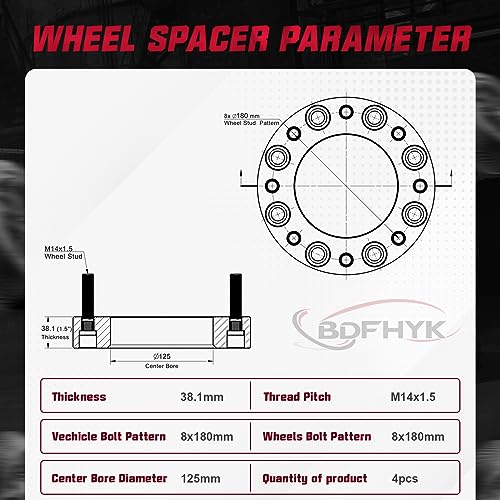 Image of BDFHYK 8x7 Wheel Spacers Thickness 1.5 inch (38mm) Compatible with Chevy 2011-2023 Silverado 2500 3500 HD Compatible with GMC Sierra 2500 3500 HD, 8x180 mm M14x1.5 & 125mm Hub Bore, Set of 4 No Lip