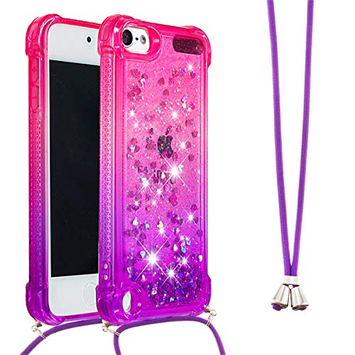 iPod Touch 7 Case, Touch 6 Case, Touch 5 Case, Gift_Source Bling Glitter Flowing Liquid Soft TPU Cute Cover Shockproof Case with Lanyard Neck Strap for iPod Touch 5th/6th/7th Generation [Pink/Purple]