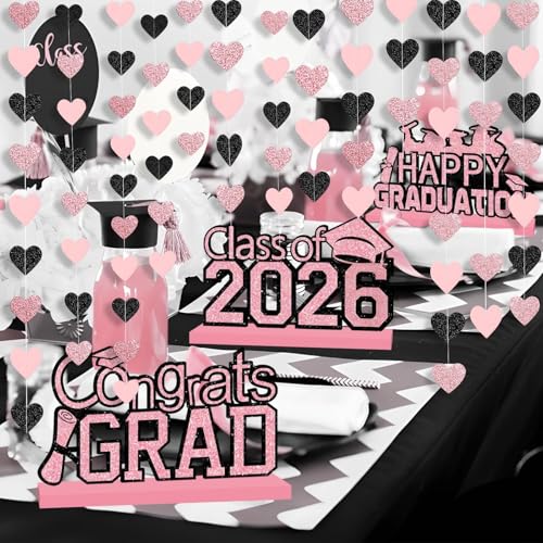 Image of Rose-Gold Pink and Black Birthday Decorations Streamers - 39FT Baby Girls Hanging Heart Garland Banner Christmas Wedding Engagement Bachelorette Bridal Shower Backdrop Graduation Decor