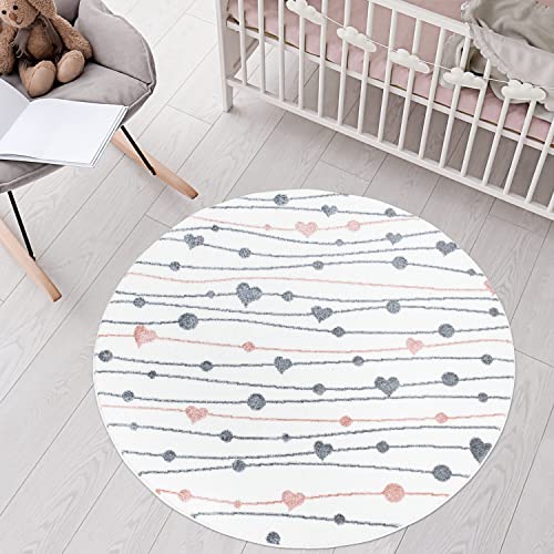carpet city Teppich Kinderzimmer Herzen - Creme - 160 cm Rund - Kinderteppich Kurzflor mit Punkten,...
