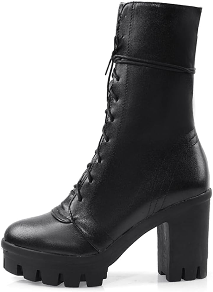 BEAUPAS Women's Chunky Lace Up Ankle Boots High Heels Goth Combat Boots Platform Motorcycle Boots Block Heel Round Toe Shoes