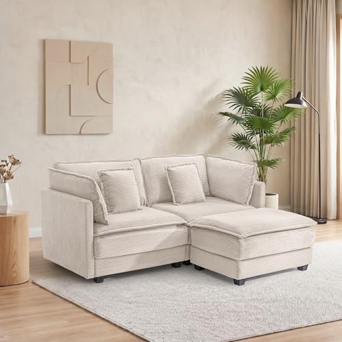 Image of 78.4 inch Corduroy Loveseat Sectional, Small L Shaped Sofa Couch with Ottoman for Apartment, Office, or Bedroom, Beige