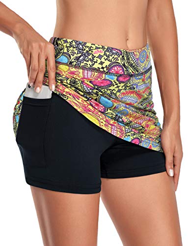 Kimmery Golf Skirts for Women with Pockets,Ladies Plus Sized Stretchy Waistband Double Layered Sports Skorts Autumn Yoga Gym Beach Walking Wear Yellow XXL