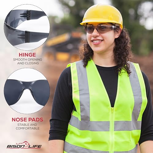 Image of BISON LIFE Black Safety Glasses for Men & Women, Bulk, ANSI Z87.1, 12 Pack | Scratch & Impact Resistant Wraparound Safety Goggles, UV Protection Eyewear for Work, Construction, Lab, Industrial
