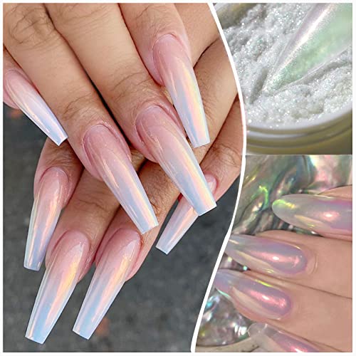 White Pearl Chrome Nail Powder, Aurora Ice Shimmer Nail Art Powder Pearlescent Nail Jewelry Glitter Powder Symphony Mermaid Pearl Neon Nail Powder, Mirror Effect Nail Powder For Diy Salon 6 Boxes #TOP1