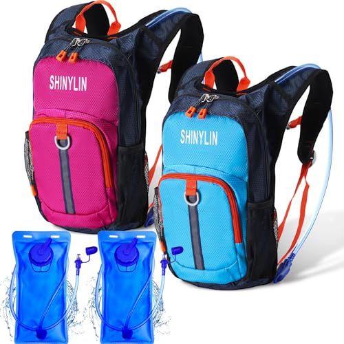 Shinylin 2 Pcs Kids Hydration Backpack with 1.5L Water Bladder Lightweight Kids Hiking Backpack Water Rucksack for Boys Girls Climbing Running(Blue, Purple,Classic)